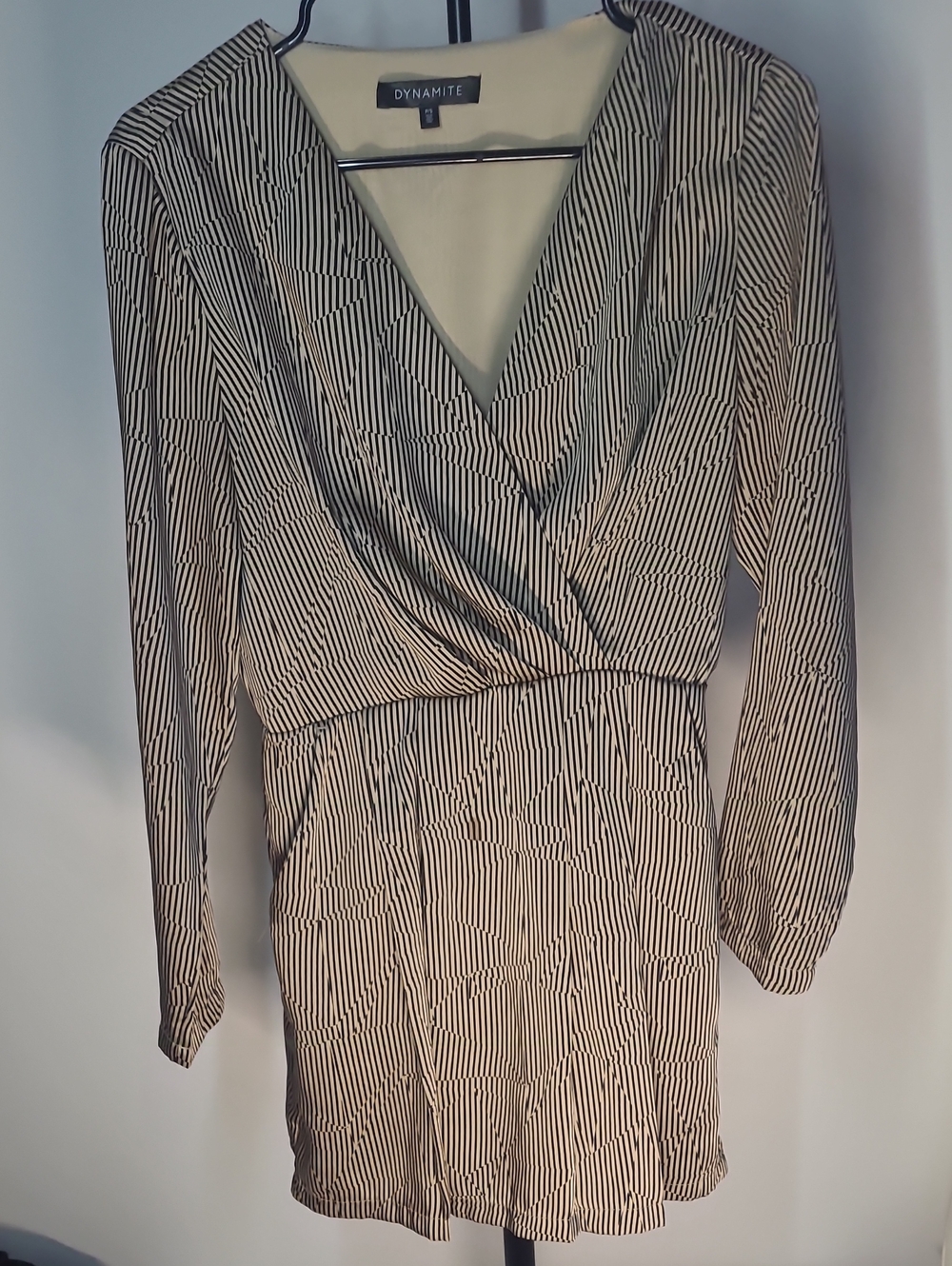 Dynamite Black & Gold Striped Wrap Dress Long Sleeves Small